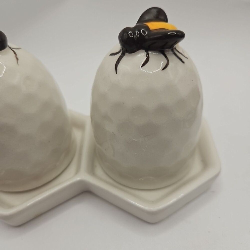 White Ceramic Bee Hive Salt and Pepper Shakers with Honeycomb Tray 3" - Picture 5 of 16
